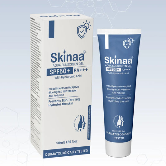 Skinaa Aqua sunscreen gel packaging with tube on a light blue background