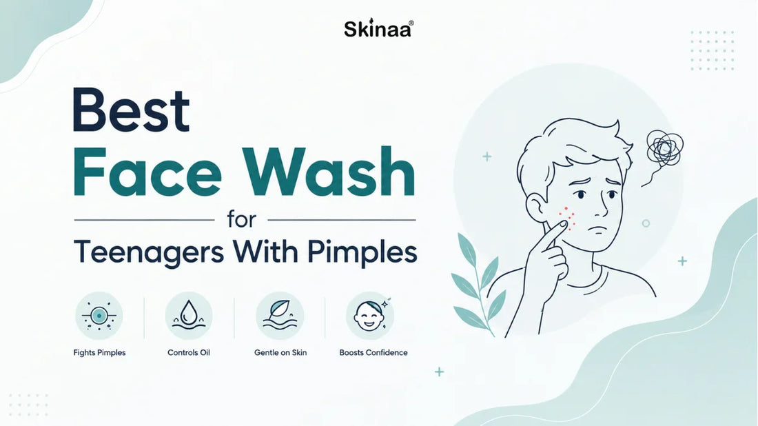 Banner for Skinaa face wash for teenagers with pimples, featuring skincare benefits and an illustration of a teen with acne.