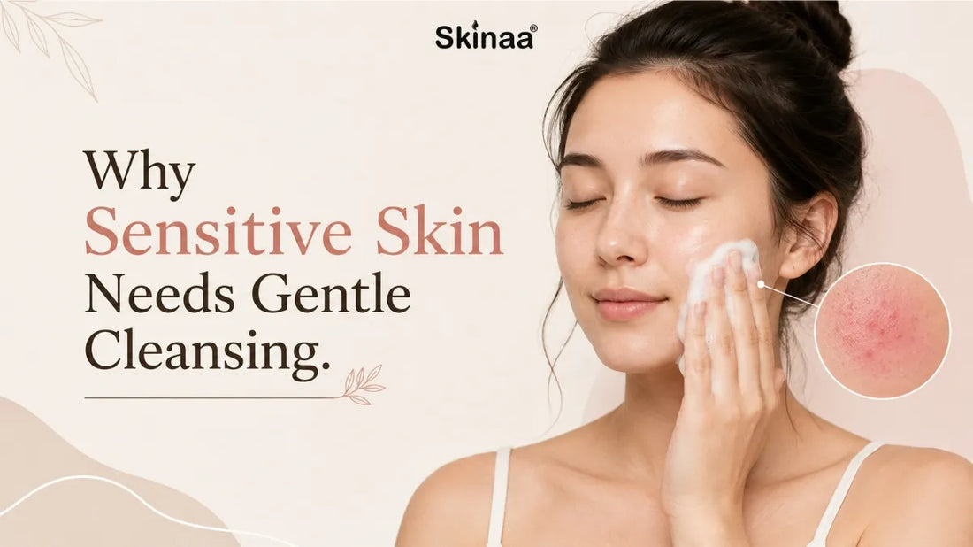 Woman gently cleansing her face with foam beside text about why sensitive skin needs gentle cleansing.