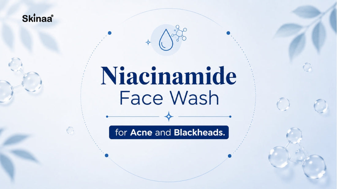 Banner for Skinaa Niacinamide Face Wash highlighting acne and blackhead care with blue skincare-themed graphics on a soft white background.