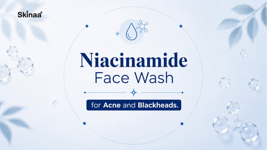 Banner for Skinaa Niacinamide Face Wash highlighting acne and blackhead care with blue skincare-themed graphics on a soft white background.