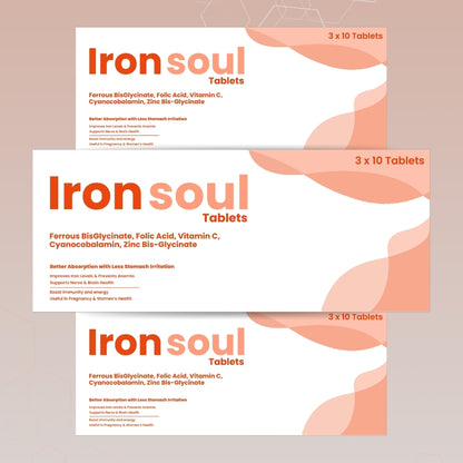 Ironsoul Ferrous Tablets for Hemoglobin & Energy Support | 30 Tablets  |  Pack of 3