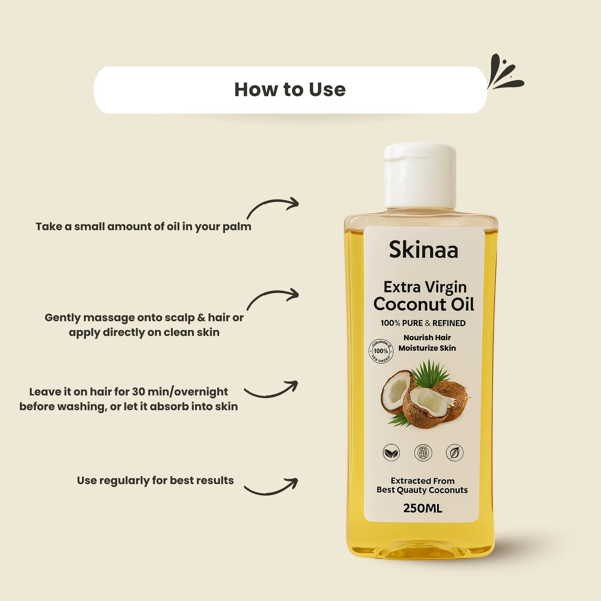 Skinaa Extra Virgin Coconut Oil, 100% Pure And Refined, 250ml