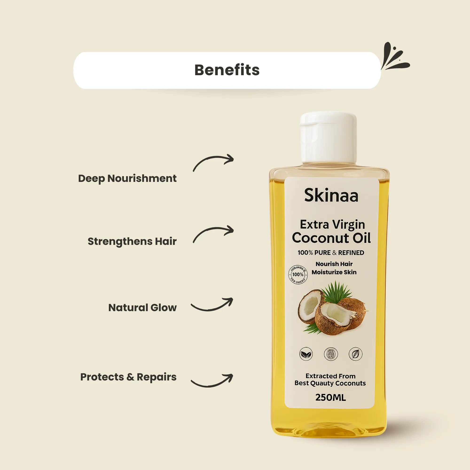 Skinaa Extra Virgin Coconut Oil, 100% Pure And Refined, 250ml