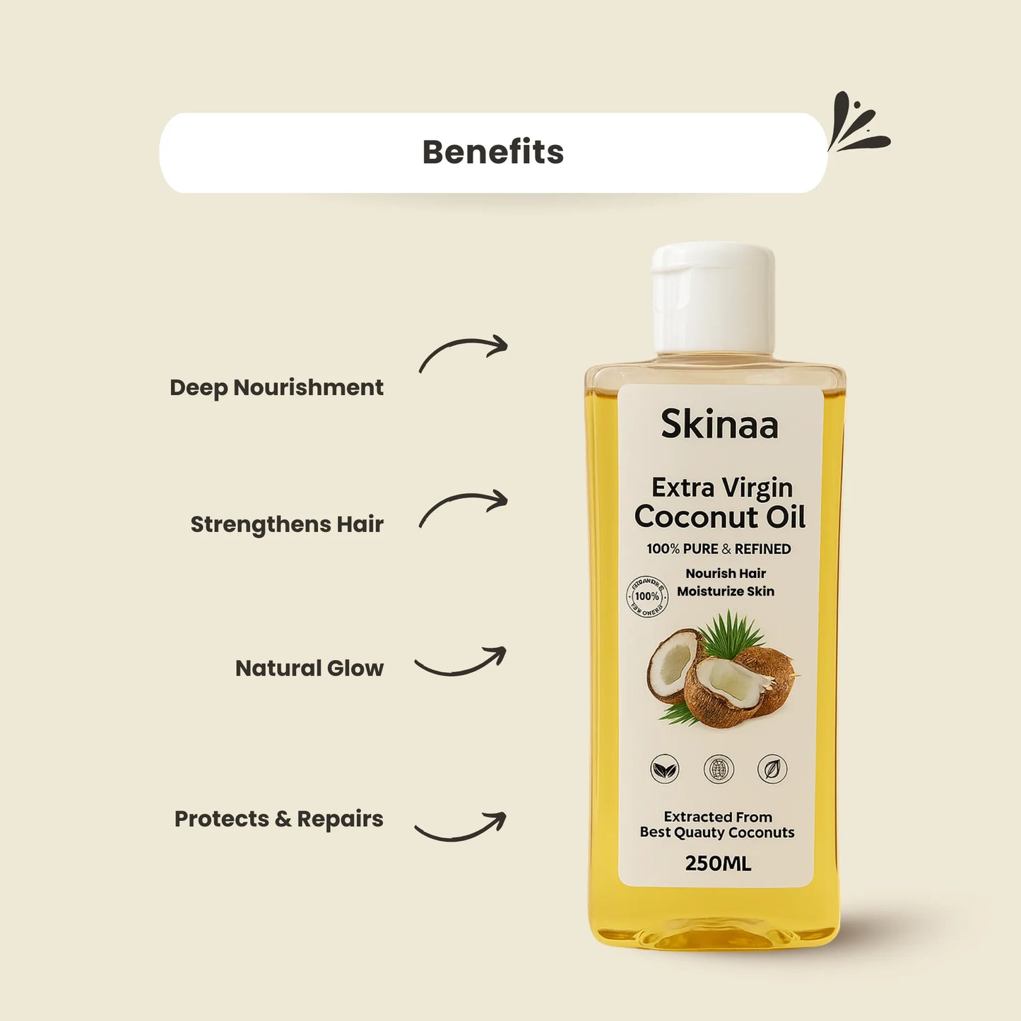 Skinaa Extra Virgin Coconut Oil, 100% Pure And Refined, 250ml
