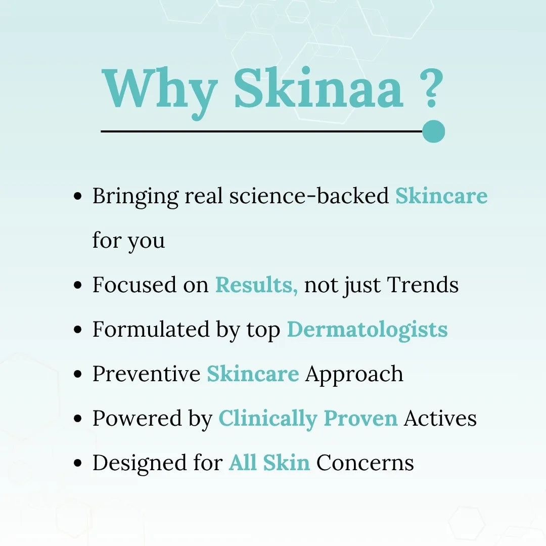 Promotional text about Skinaa skincare products on a light blue background