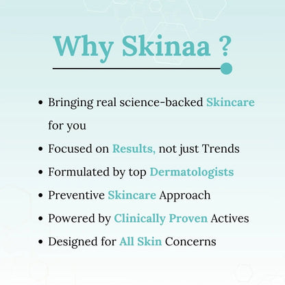 Promotional text about Skinaa skincare products on a light blue background