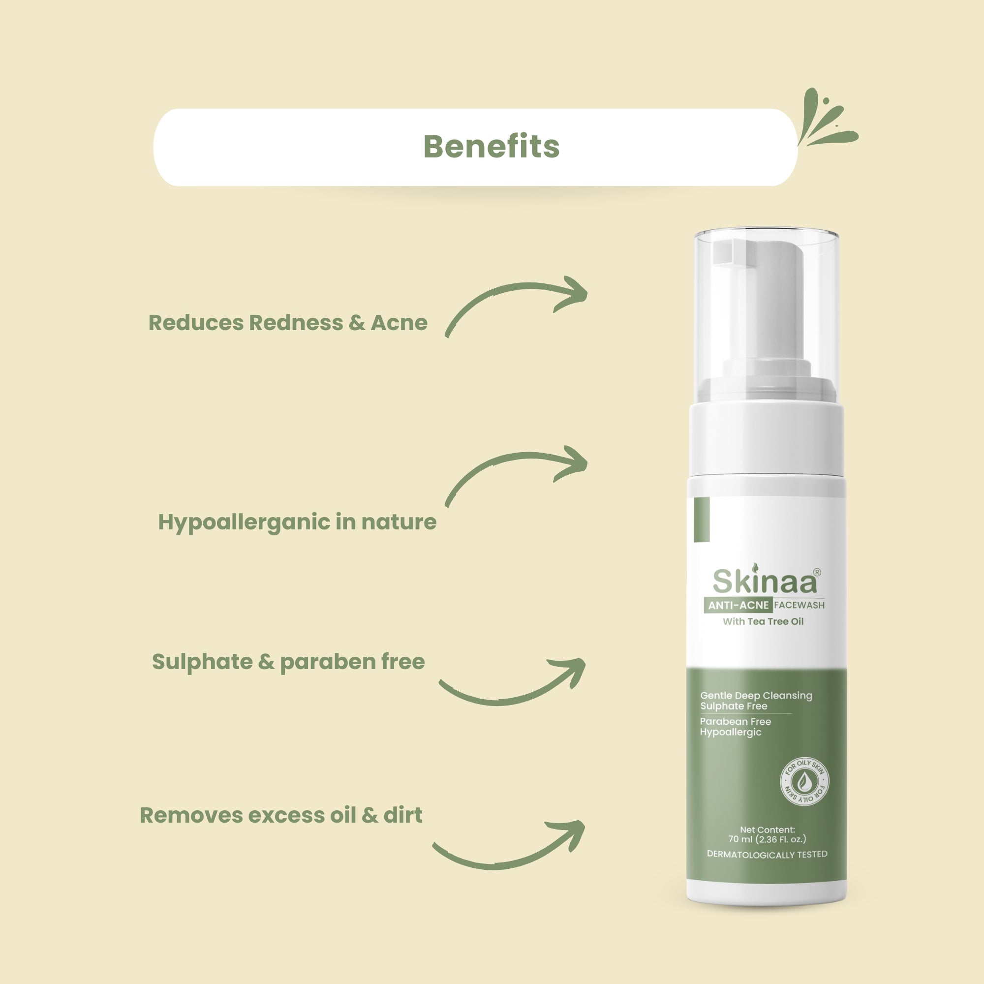 Benefits of Skinaa Anti-Acne Foaming Face Wash with Tea Tree Oil – reduces redness and acne, hypoallergenic formula, sulphate & paraben free, removes excess oil and dirt for clearer skin