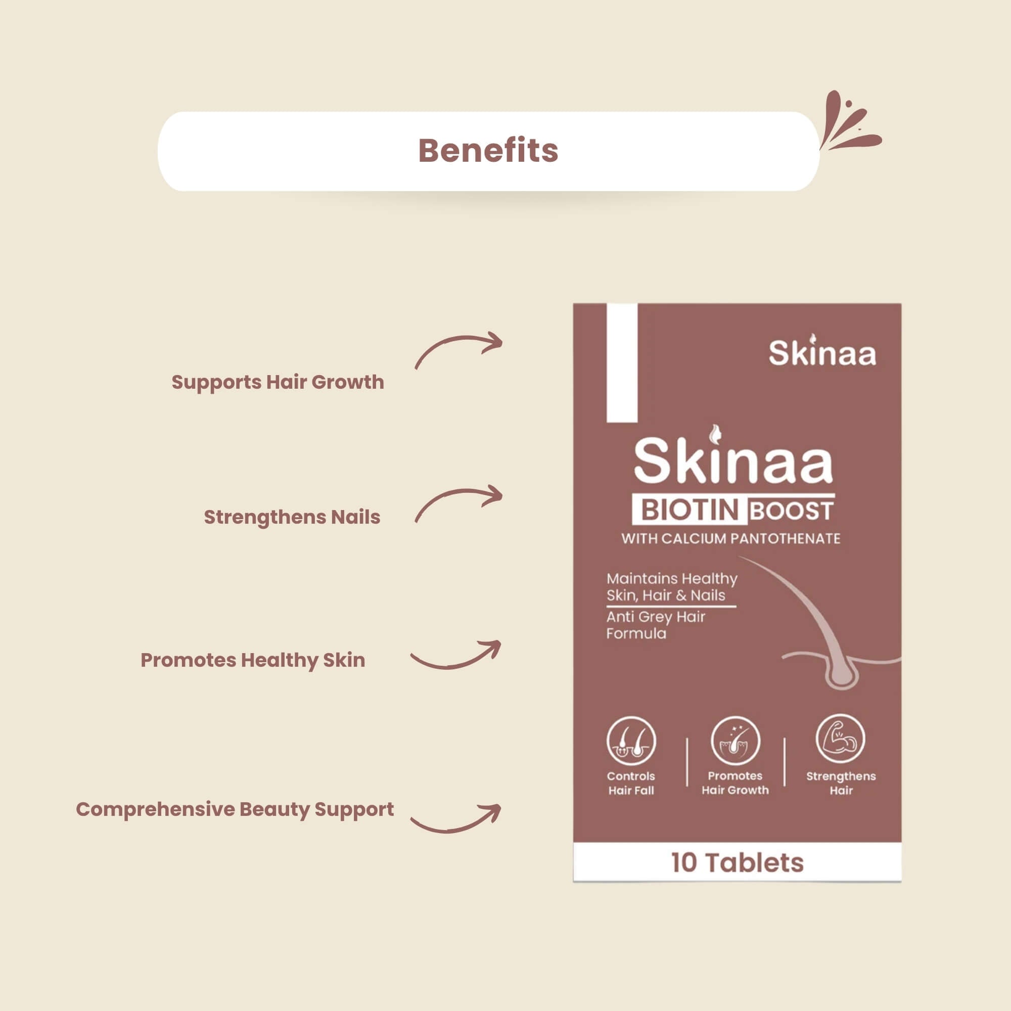 Benefits of Skinaa Biotin Boost tablets with calcium pantothenate – supports hair growth, strengthens nails, promotes healthy skin, and provides comprehensive beauty support