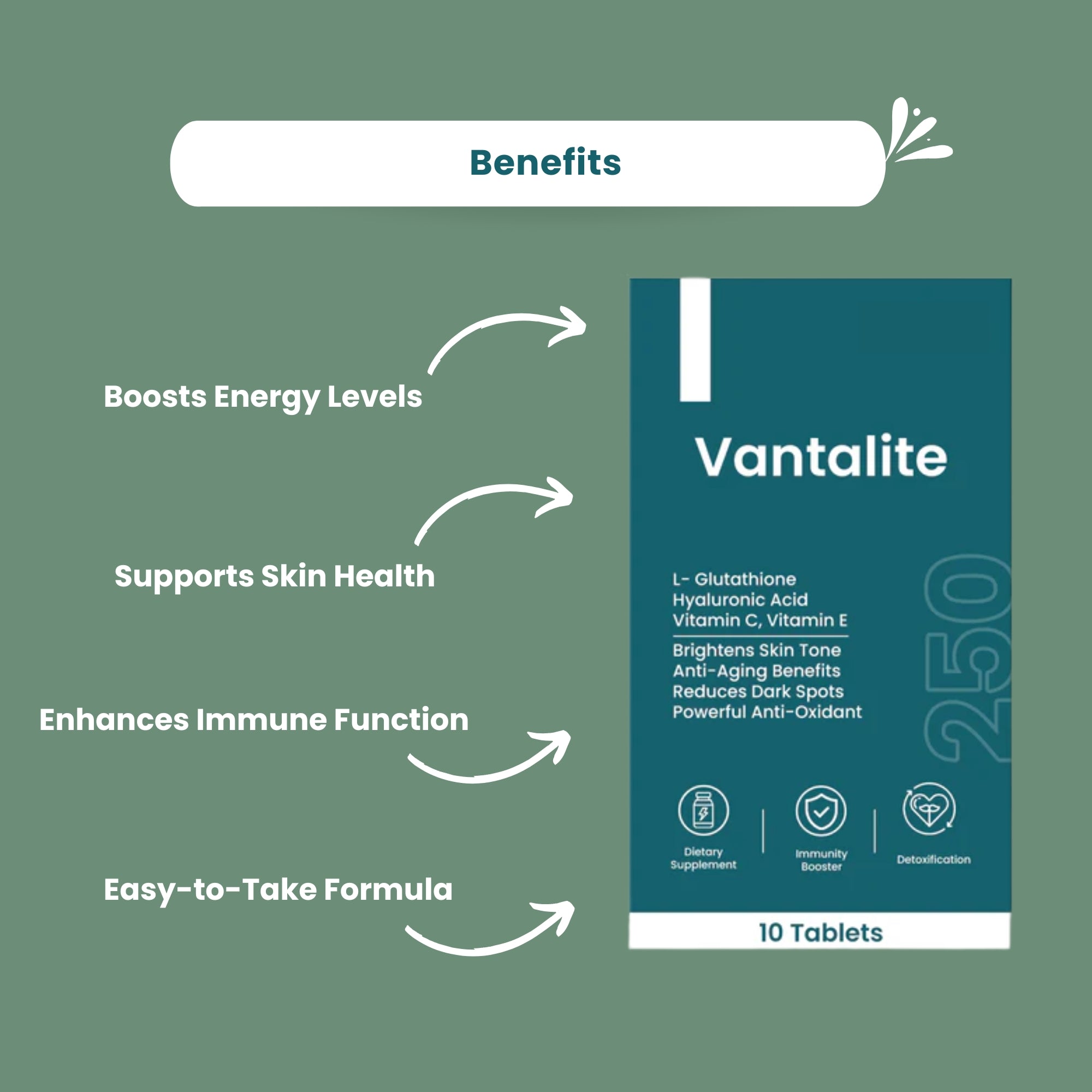 Benefits of Skinaa Vantalite 250mg Tablets – boosts energy, supports skin health, enhances immune function, and offers an easy-to-take daily supplement formula