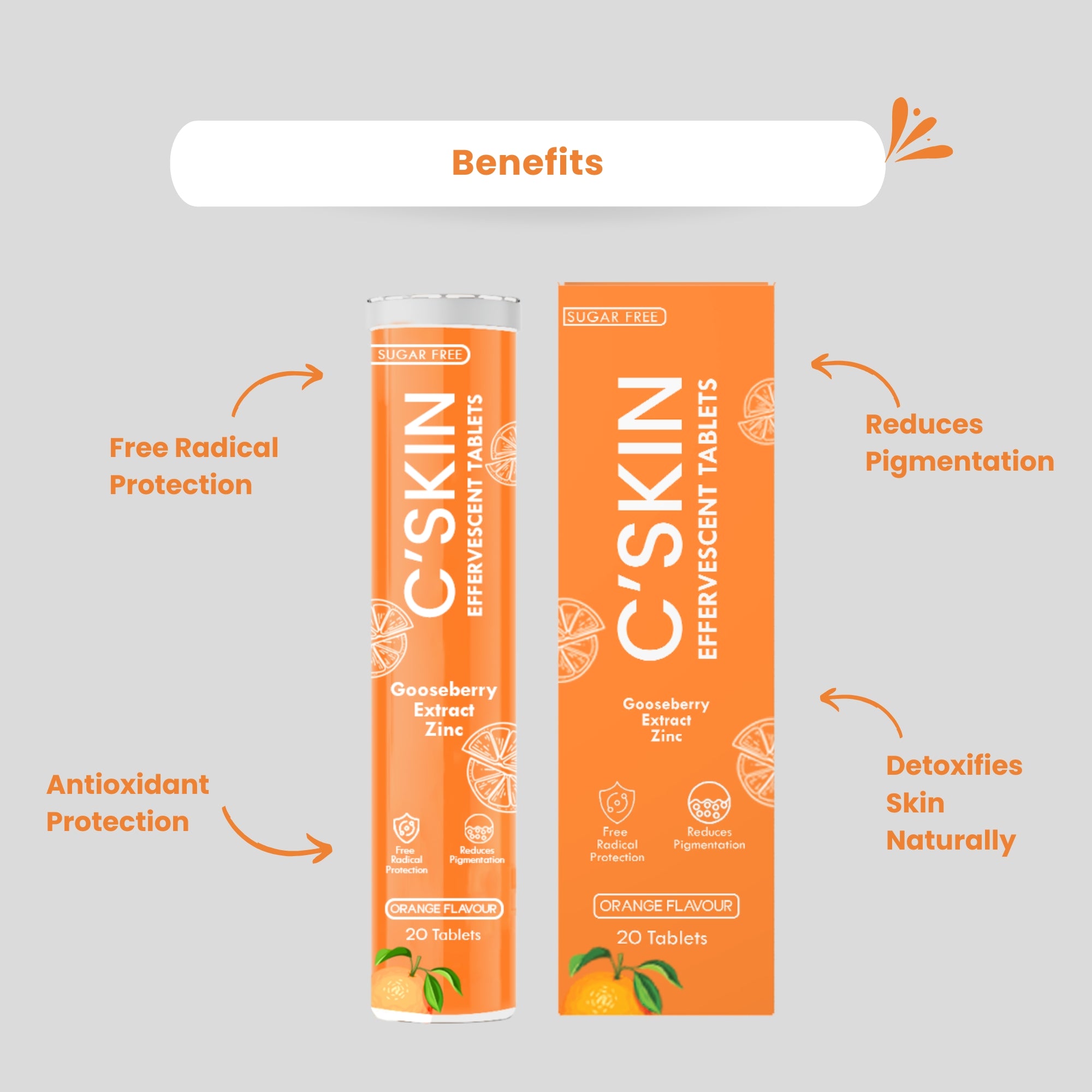 C-Skin Effervescent Tablets with gooseberry extract and zinc – benefits include antioxidant protection, reducing pigmentation, free radical defense, and natural skin detox.
