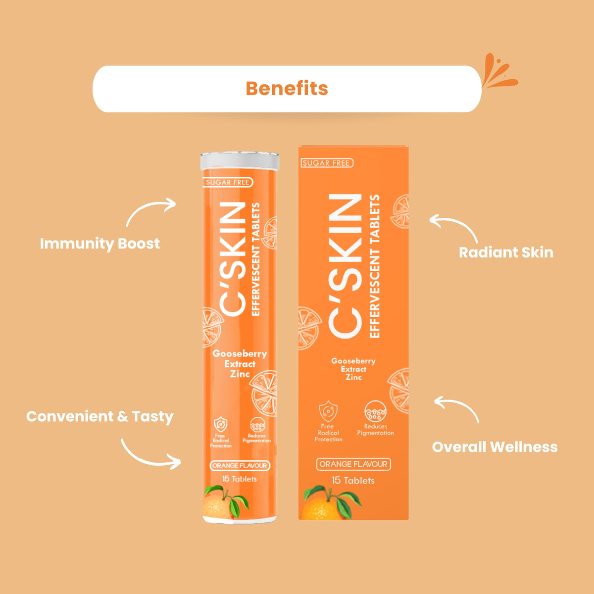 C-Skin Effervescent Tablets with gooseberry extract and zinc – benefits include immunity boost, radiant skin, overall wellness, and tasty convenience.
