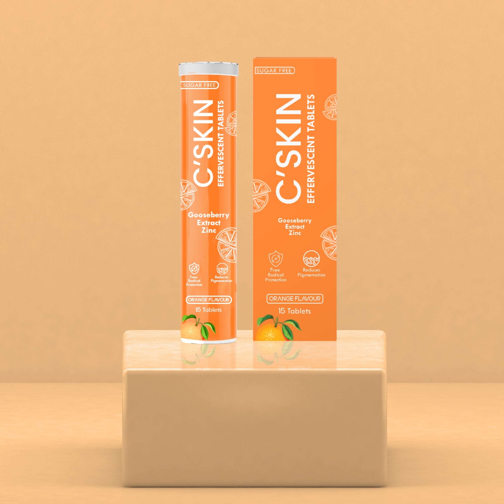 C-Skin Effervescent Tablets with gooseberry extract and zinc in orange flavor, sugar-free supplement for skin health and immunity support