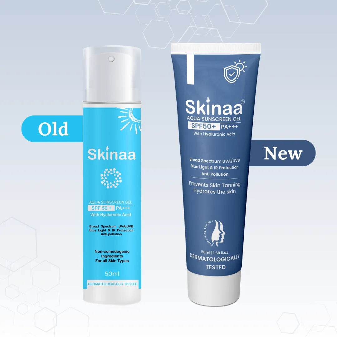 Comparison of an old and new Skinaa Aqua Susncreen sunscreen product on a light blue background.