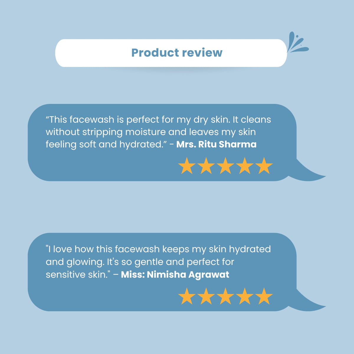 Customer reviews for Skinaa Anti-Acne Foaming Cleanser highlighting gentle cleansing, hydration, and suitability for dry and sensitive skin with 5-star ratings