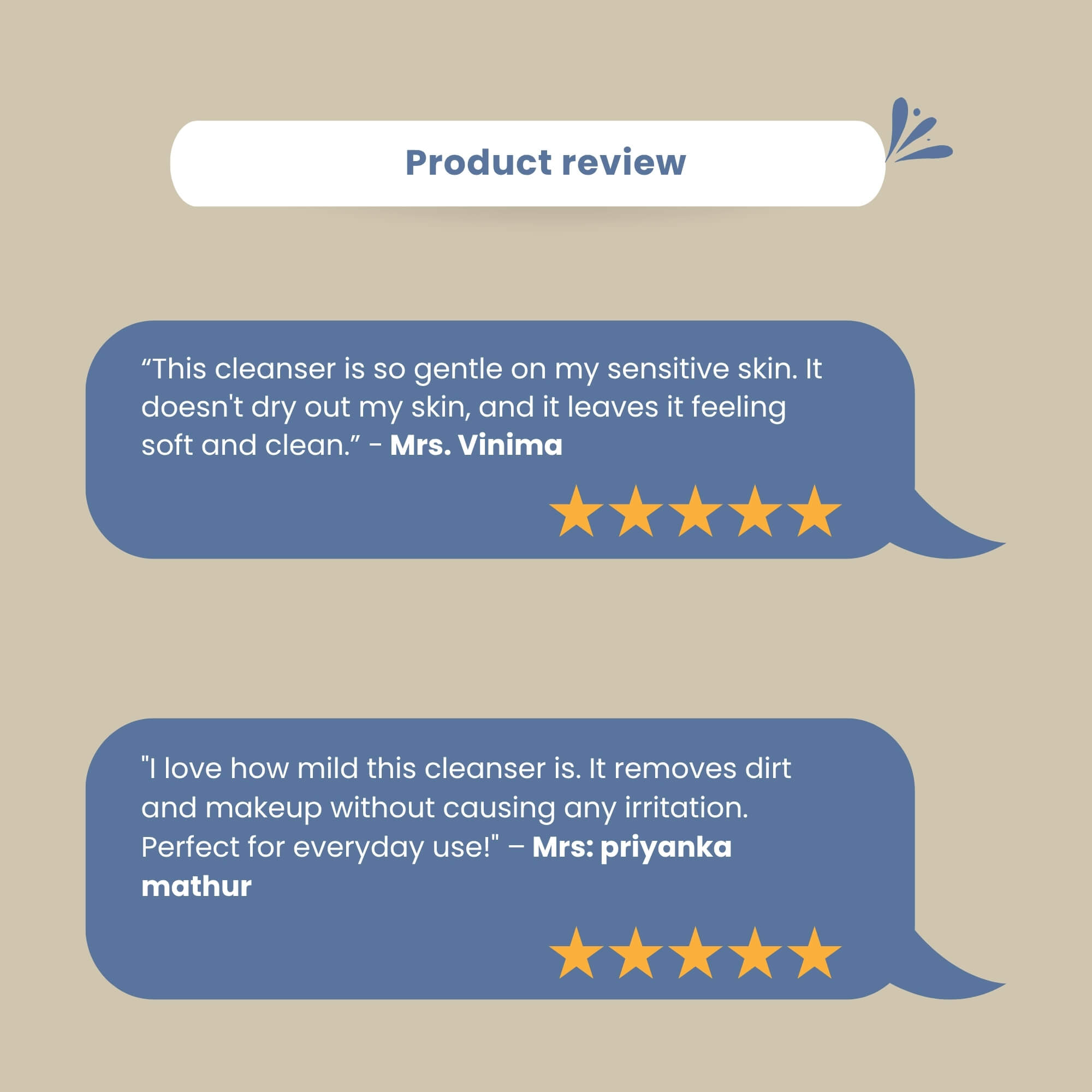 Customer reviews for Skinaa Gentle Skin Cleanser on beige background with blue speech bubbles, showing 5-star ratings praising mild formula, gentle cleansing, no irritation, and suitability for sensitive skin