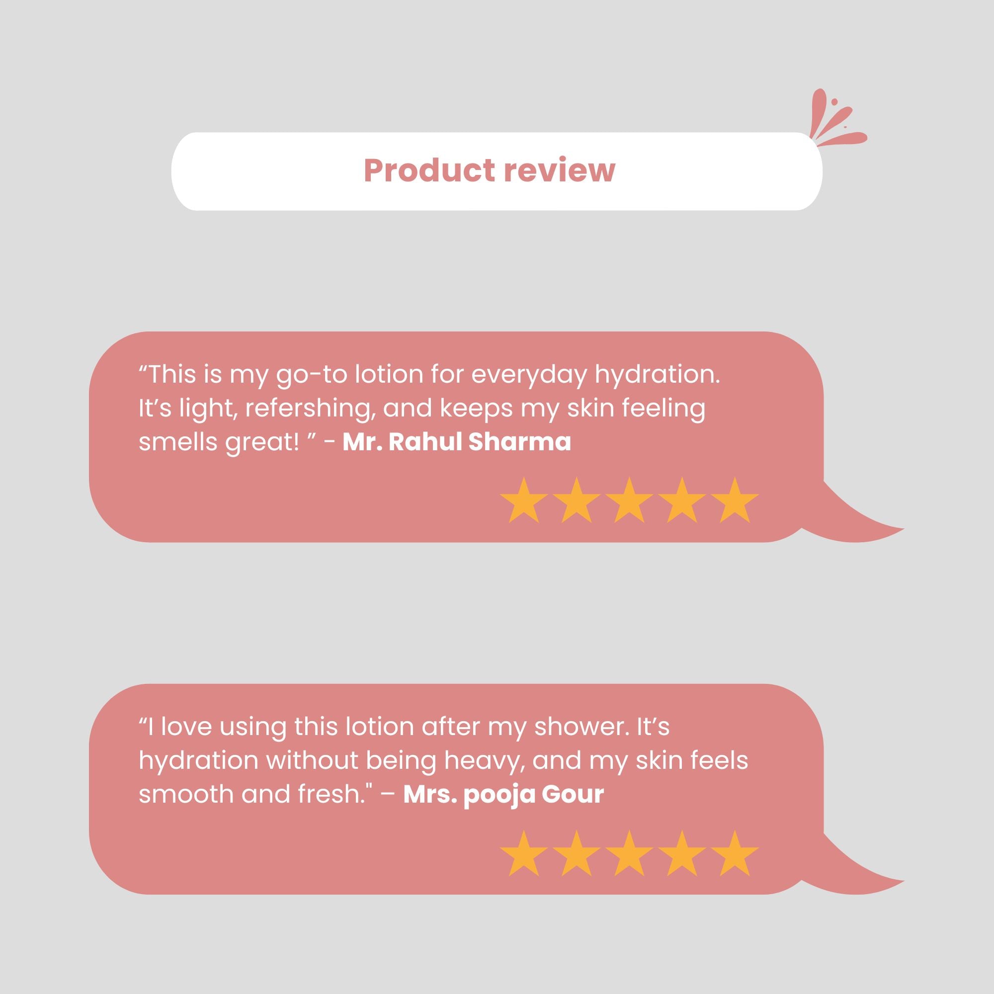 Customer reviews for Skinaa Moisturizing Cream on grey background with red speech bubbles, featuring 5-star ratings praising lightweight hydration, refreshing feel, and smooth, fresh skin