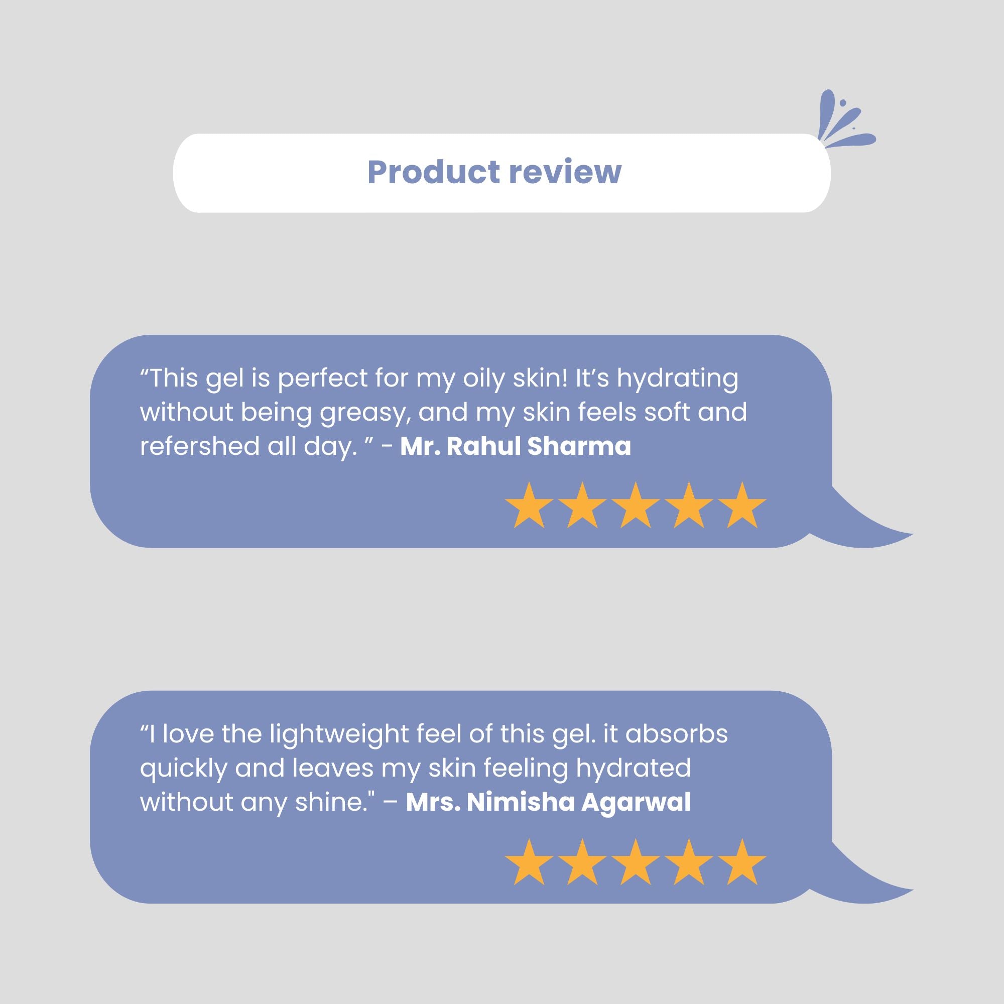Customer reviews for Skinaa Moisturizing Gel on grey background with blue speech bubbles, featuring 5-star ratings praising hydration, lightweight texture, quick absorption, and non-greasy feel