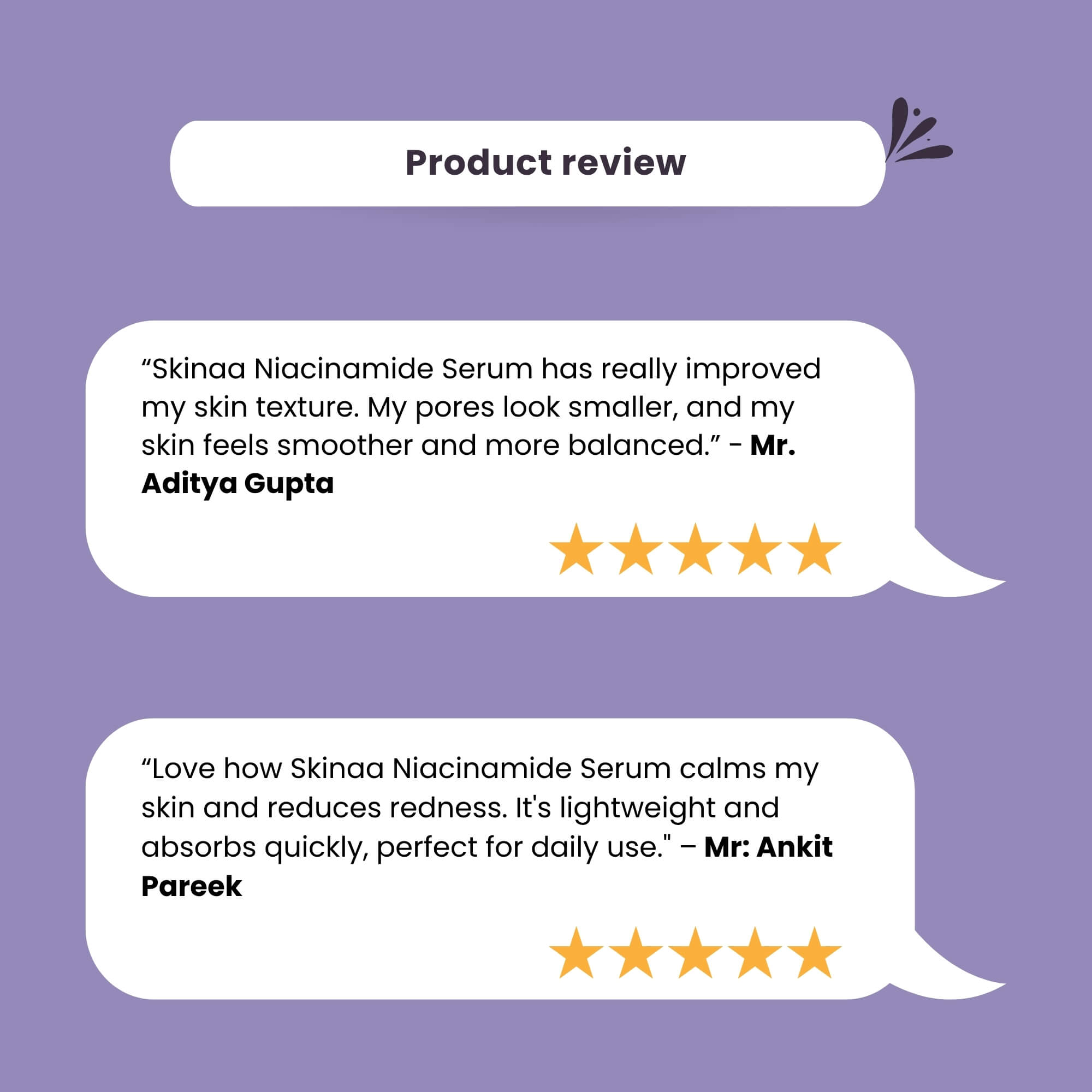 Customer reviews for Skinaa Niacinamide Serum on purple background with white speech bubbles, showing 5-star ratings praising smaller pores, smoother skin, redness reduction, and lightweight quick-absorbing formula