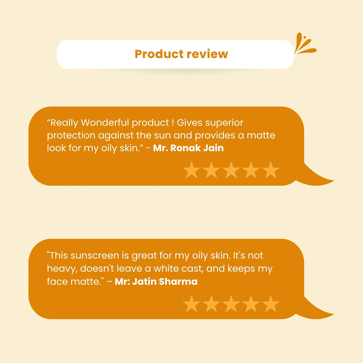 Customer reviews for Skinaa Ultra Matte Sunscreen Gel SPF 50+ PA+++ on beige background with orange speech bubbles, showing 5-star ratings praising matte look, no white cast, lightweight texture, and sun protection for oily skin
