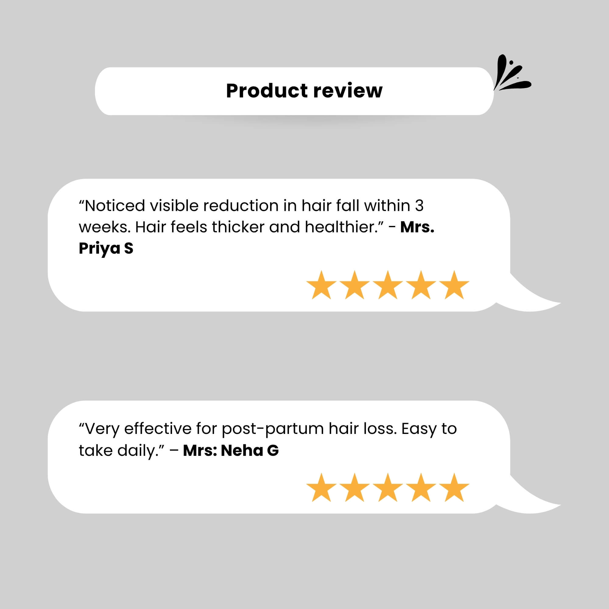 Customer reviews of Hairience Tablets praising reduced hair fall, thicker healthier hair, and effectiveness for post-partum hair loss. Rated 5 stars