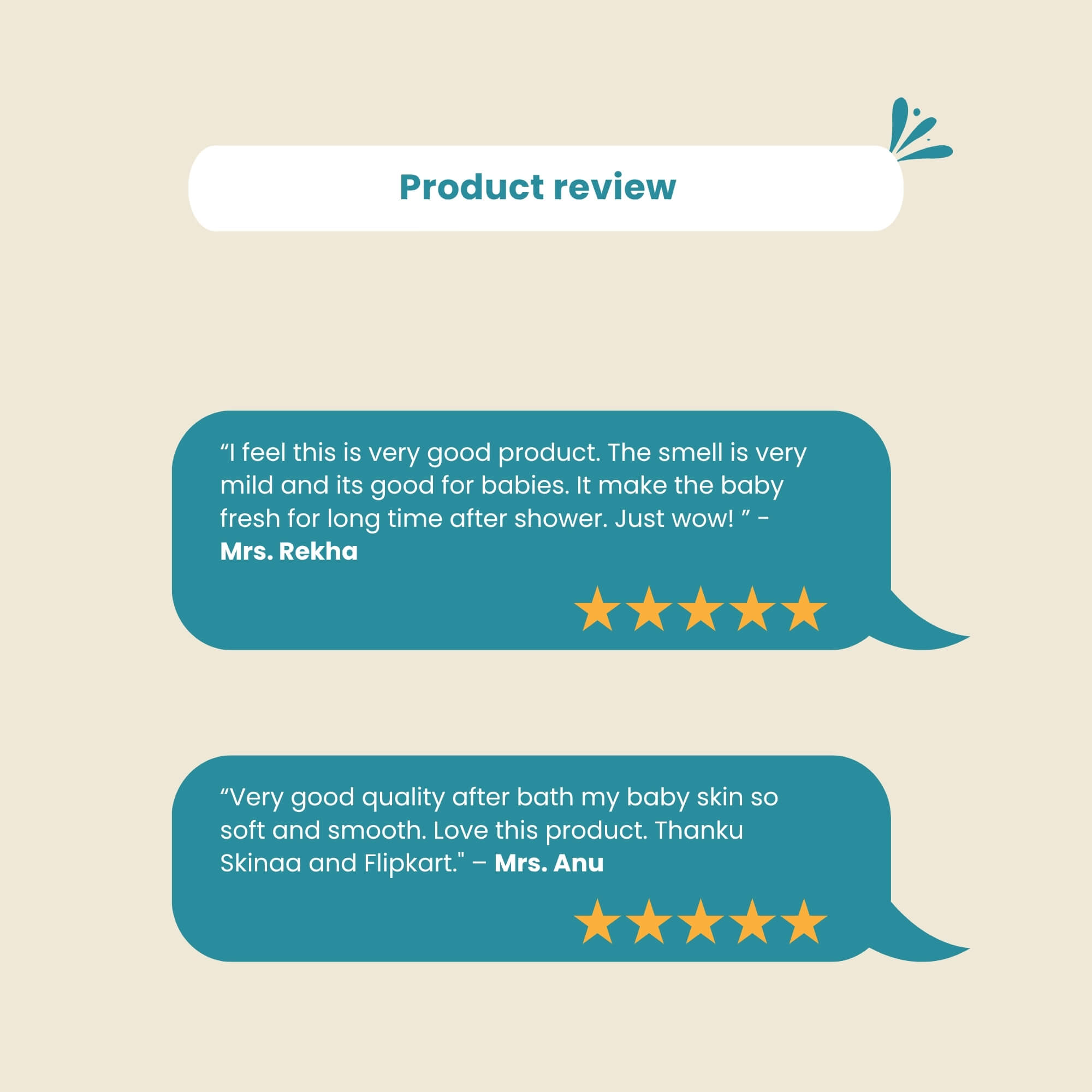 Customer reviews of Skinaa BabySoft Bathing Soap: Mrs. Rekha says it has a mild, fresh smell and keeps babies refreshed for long. Mrs. Anu praises its quality, leaving baby skin soft and smooth. Both rated 5 stars.