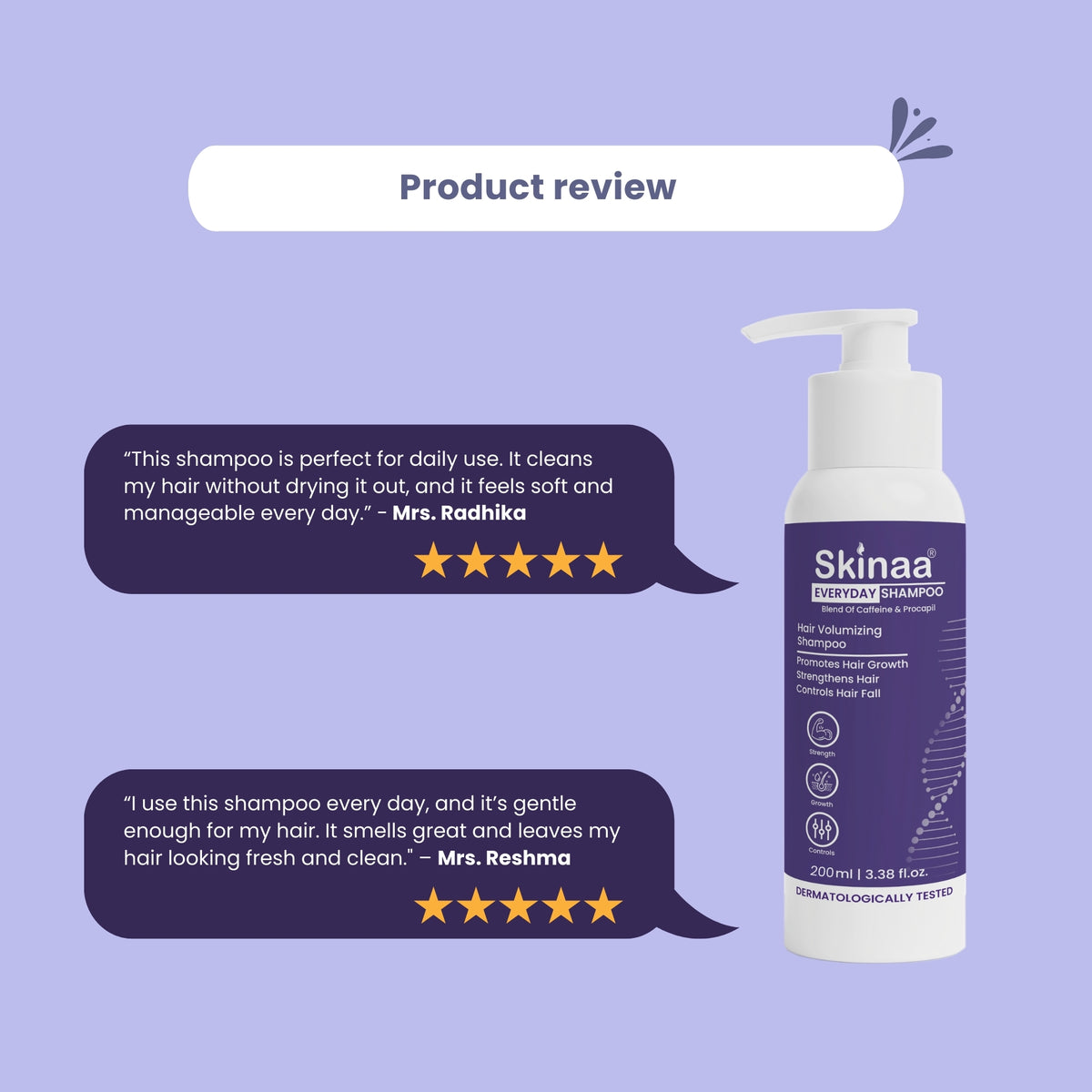 Customer reviews of Skinaa Everyday Shampoo highlighting soft, manageable, and fresh hair with gentle cleansing. Rated 5 stars for daily use
