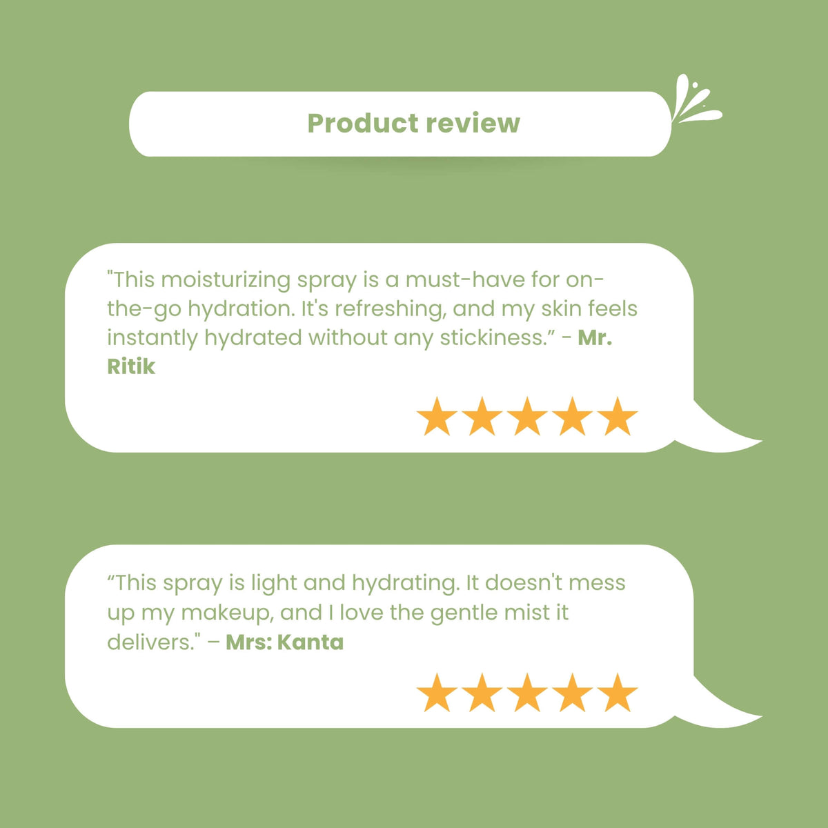 Customer reviews of Skinaa Moisturizing Spray highlighting refreshing hydration, non-sticky feel, and light mist that keeps skin soft and makeup-friendly