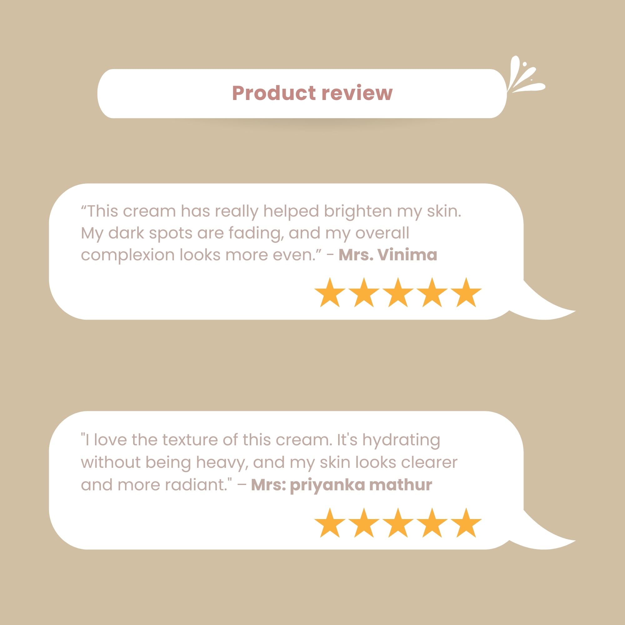 Customer reviews of Skinaa Ocevia Cream highlighting skin brightening, fading of dark spots, hydration, and improved complexion with 5-star ratings.