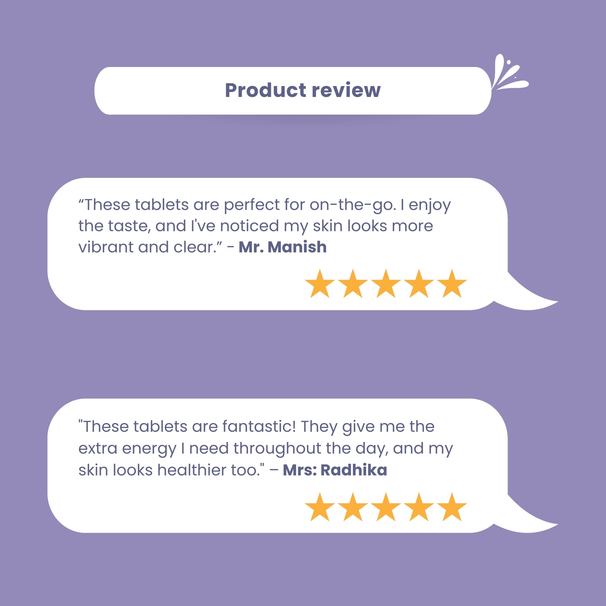 Customer reviews of Skinaa Vantalite Tablets highlighting skin clarity, energy boost, and overall wellness benefits with 5-star ratings