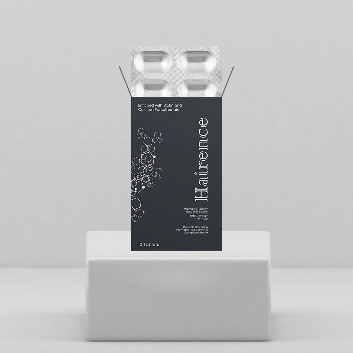 Hairience Tablets pack with biotin and calcium pantothenate, formulated to reduce hair fall, promote growth, and strengthen hair naturally