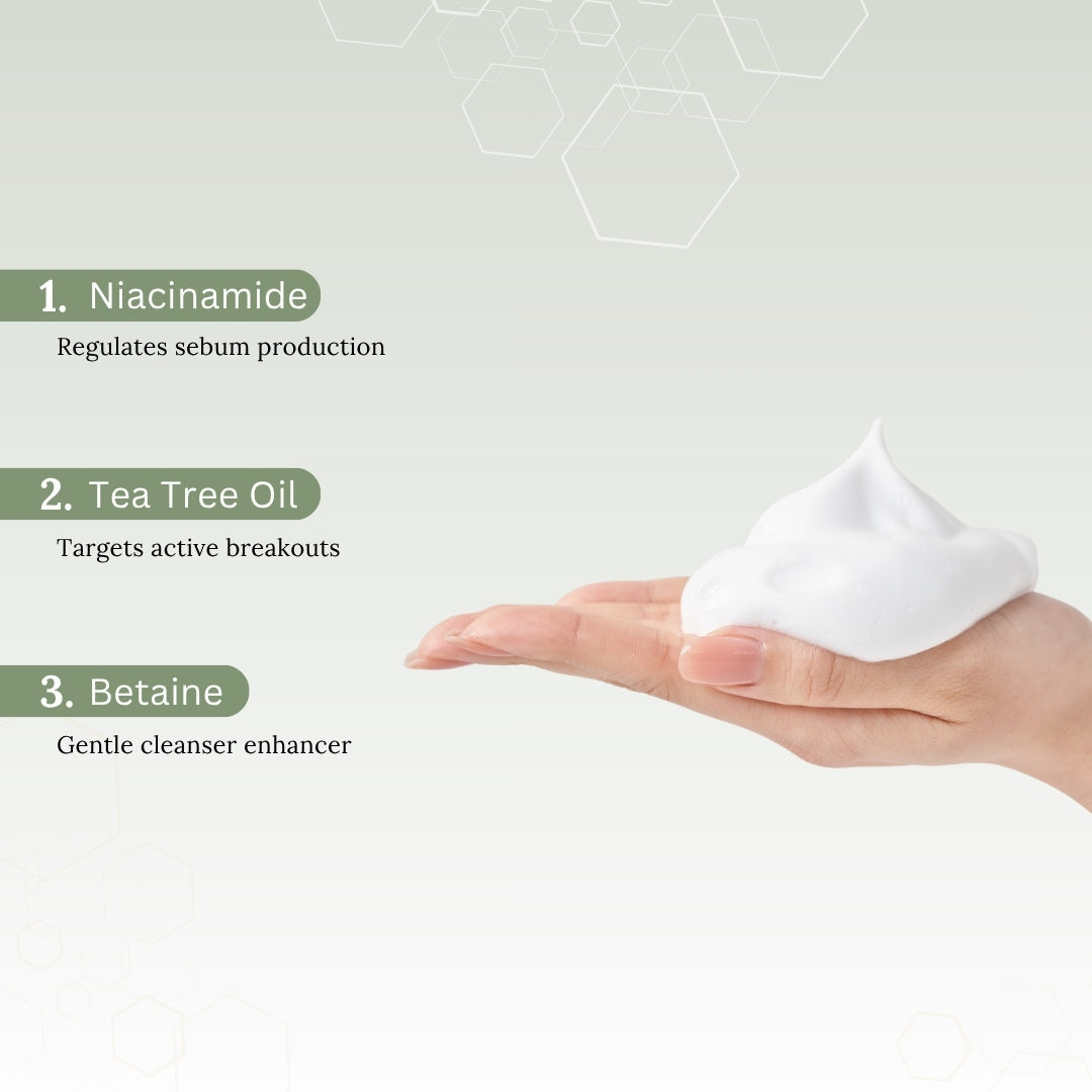 Hand holding a white Foam with skincare benefits listed on a light gray background