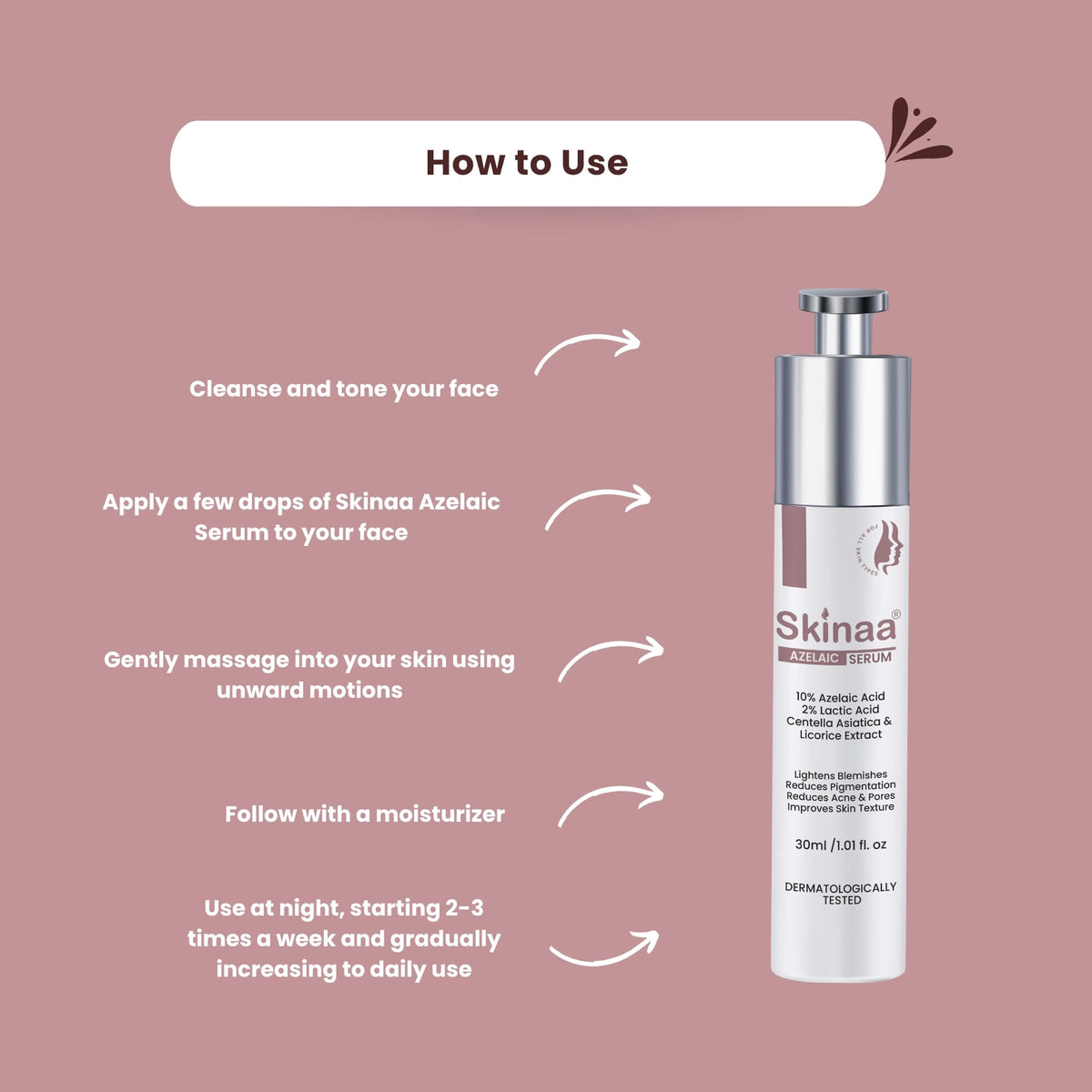 How to use Skinaa AHA BHA Face Serum – cleanse, apply drops, massage upward, follow with moisturizer, night skincare routine for exfoliation and acne-prone skin