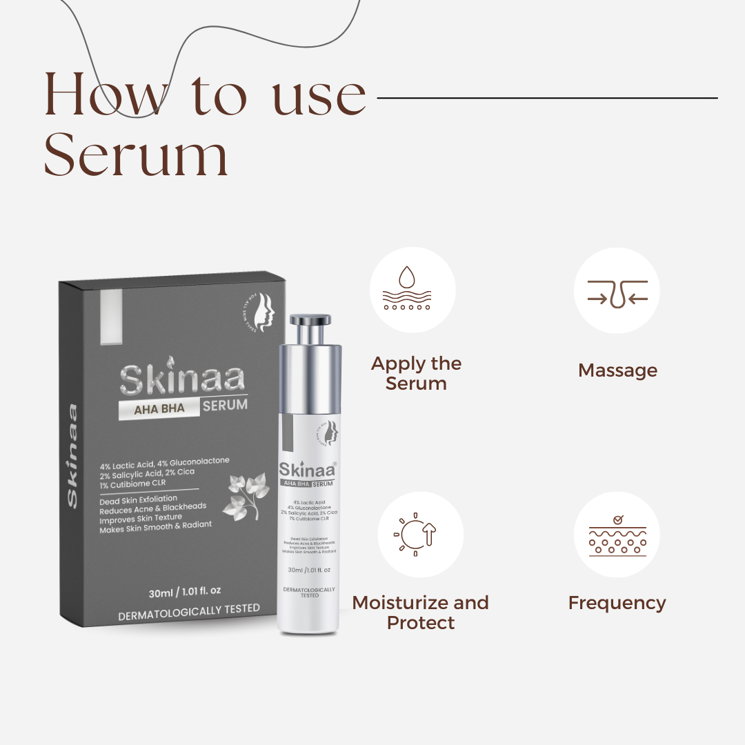 How to use Skinaa AHA BHA PHA Serum – apply serum, massage, moisturize and protect, use regularly for acne and skin texture improvement