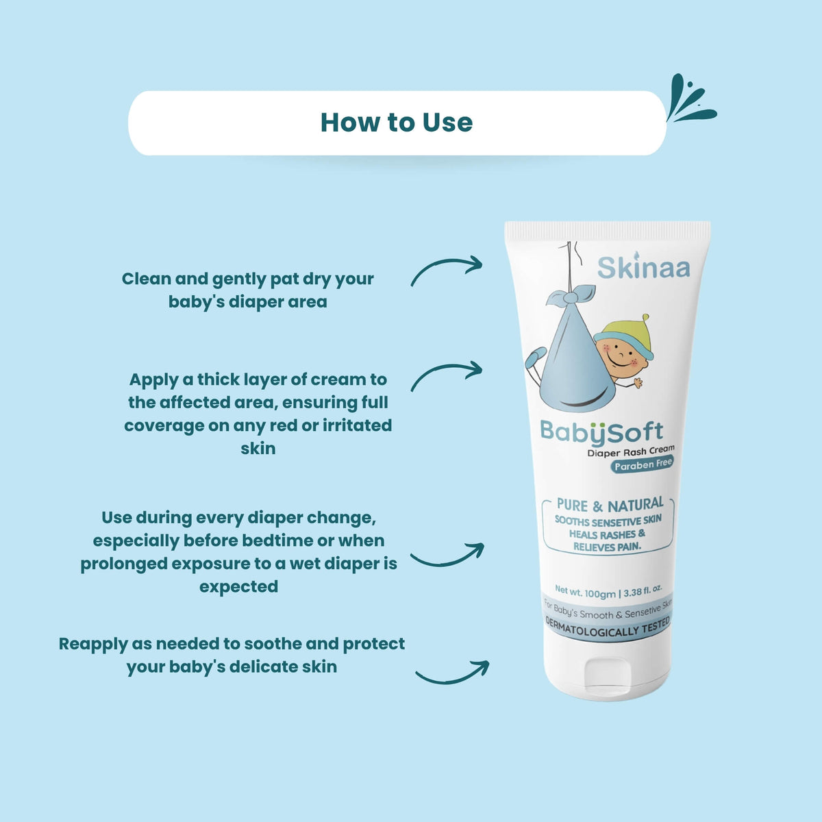 How to use Skinaa BabySoft Diaper Rash Cream – clean and pat dry, apply thick layer on rash, use during diaper change, reapply to protect baby’s delicate skin.