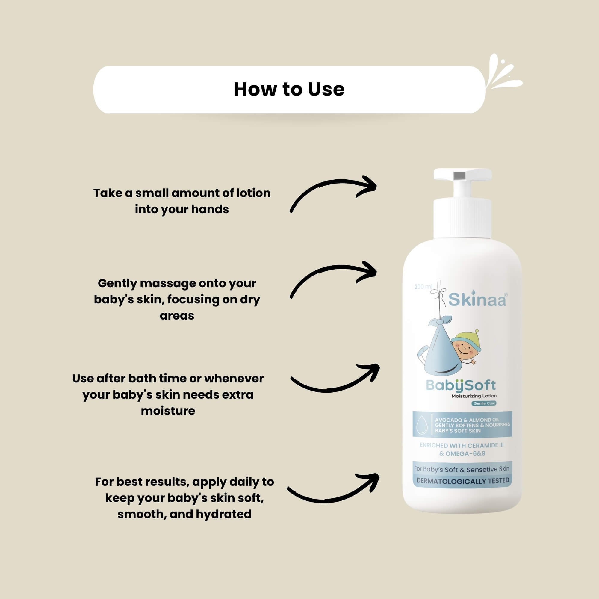 How to use Skinaa BabySoft Lotion – take a small amount into hands, gently massage onto baby’s skin focusing on dry areas, use after bath or when extra moisture is needed, apply daily for soft, smooth, and hydrated skin.
