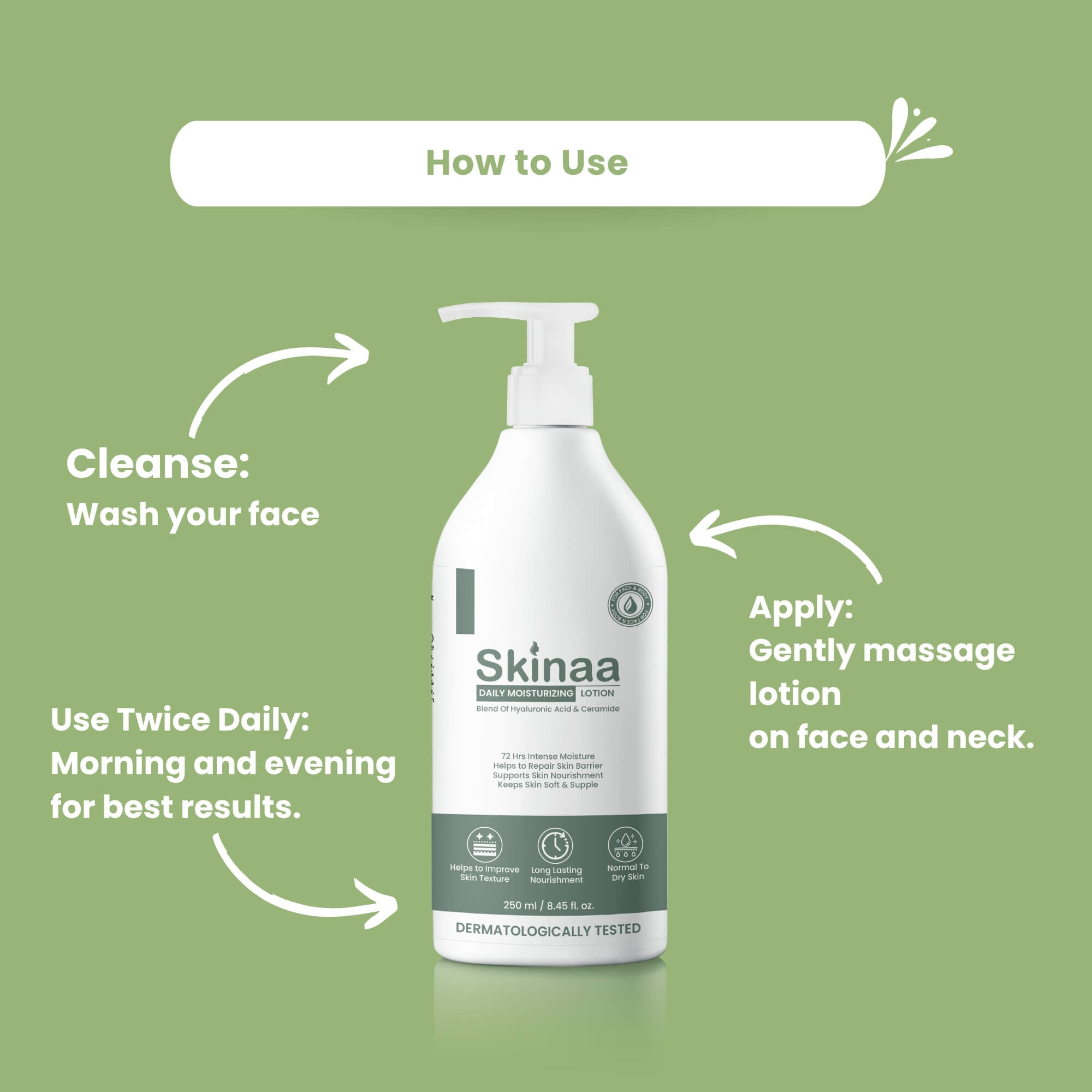 How to use Skinaa Body Moisturizing Lotion – cleanse by washing your face, apply lotion by gently massaging on face and neck, use twice daily morning and evening for best hydration results. Green background with lotion bottle