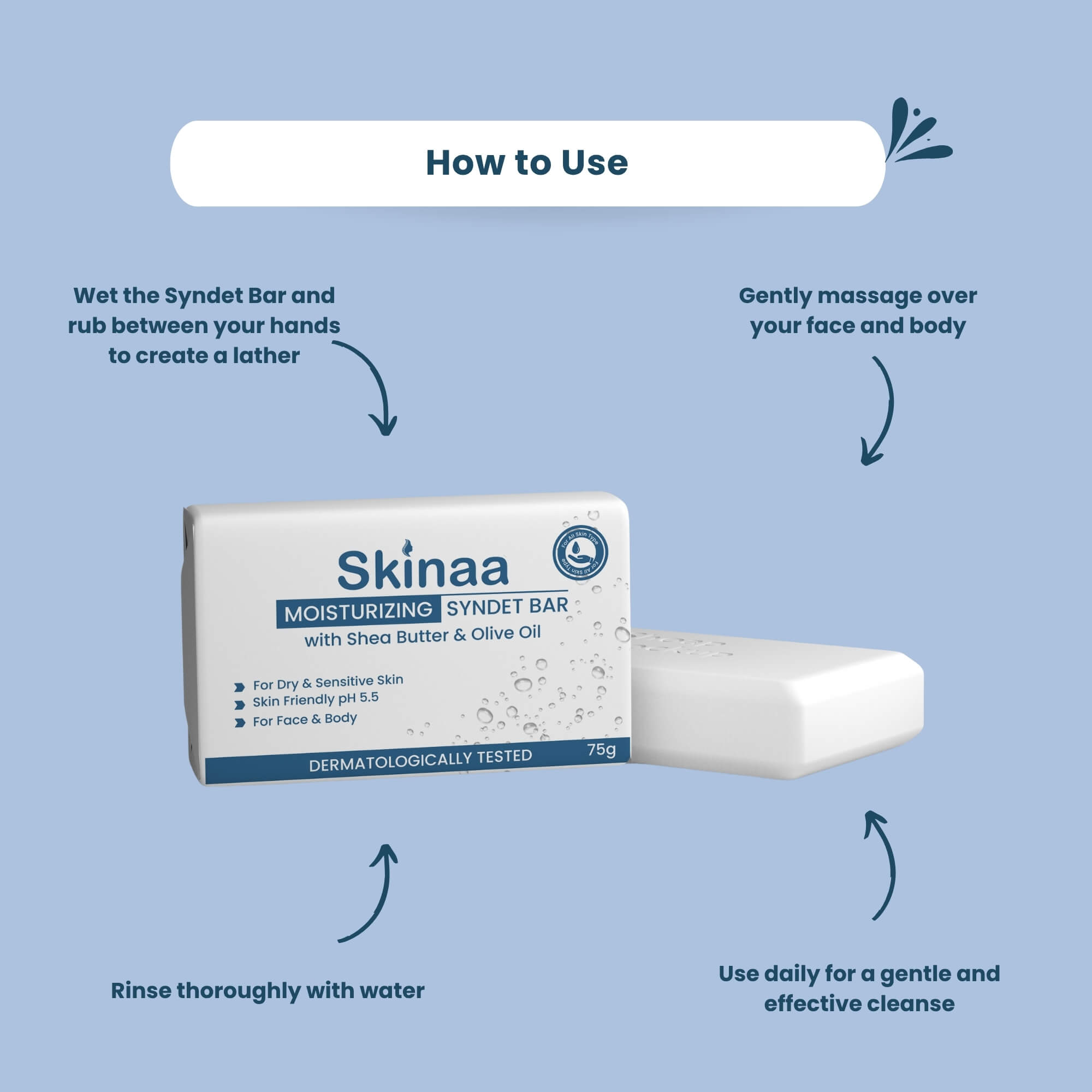 How to use Skinaa Moisturizing Syndet Bar with Shea Butter and Olive Oil – wet bar, create lather, gently massage on face and body, rinse with water, use daily for gentle cleansing