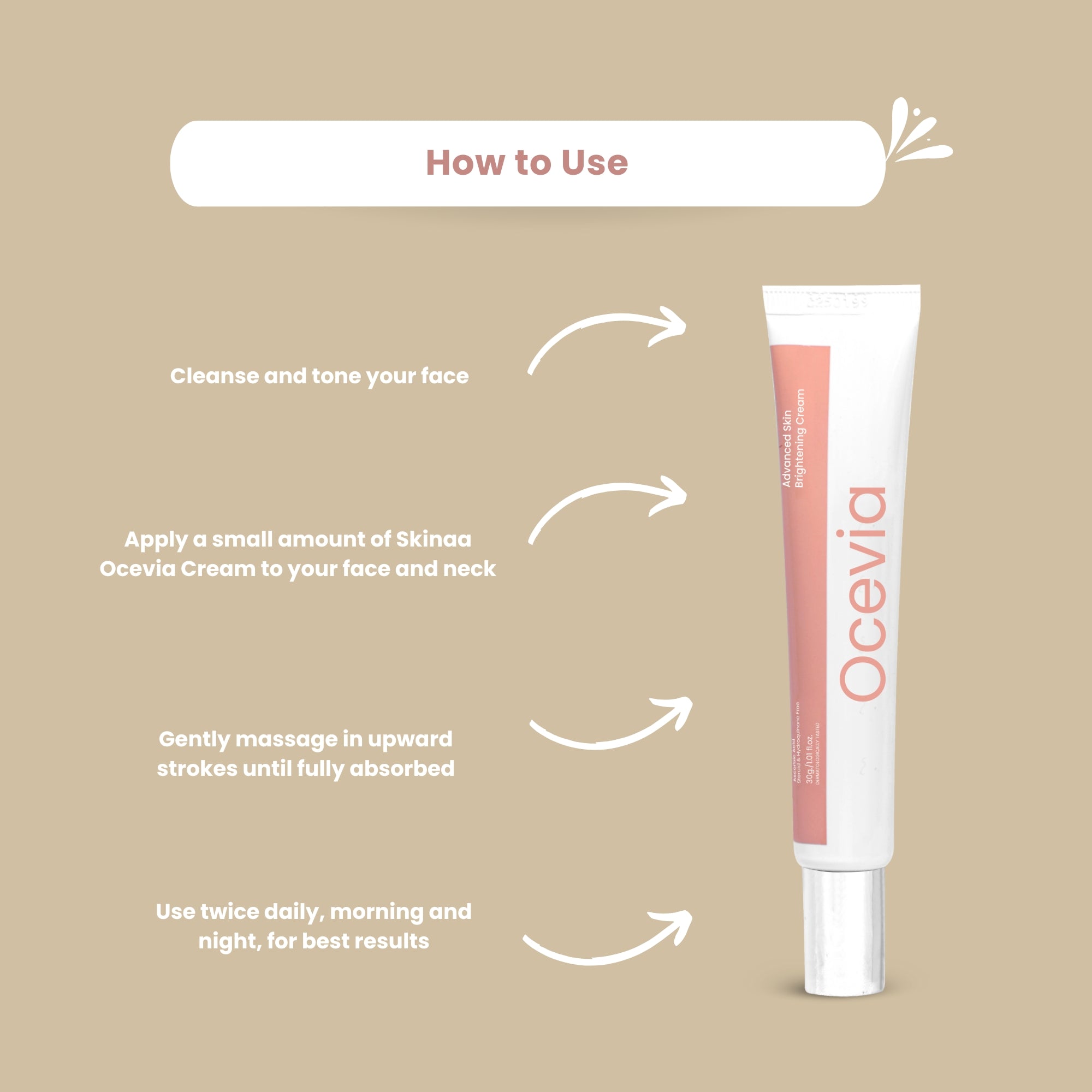 How to use Skinaa Ocevia Cream – apply to face and neck after cleansing, massage in upward strokes, use twice daily for best skincare results