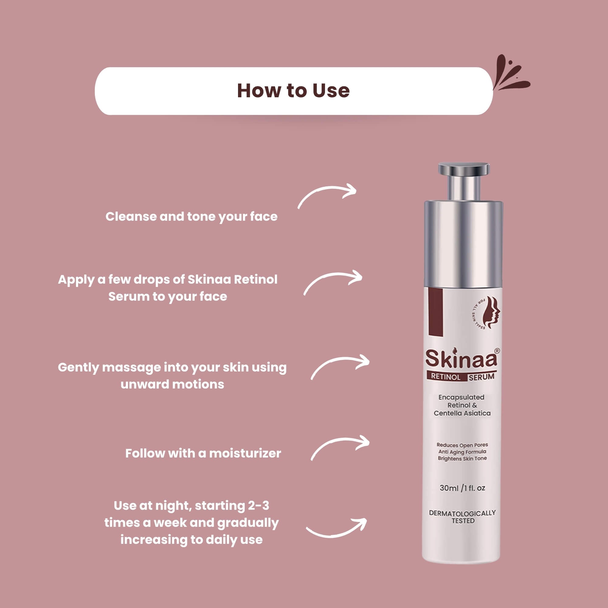 How to use Skinaa Retinol Serum – cleanse and tone face, apply a few drops, massage gently with upward motions, follow with moisturizer, and apply at night 2–3 times a week before daily use. Anti-aging serum for fine lines, wrinkles, and skin renewal