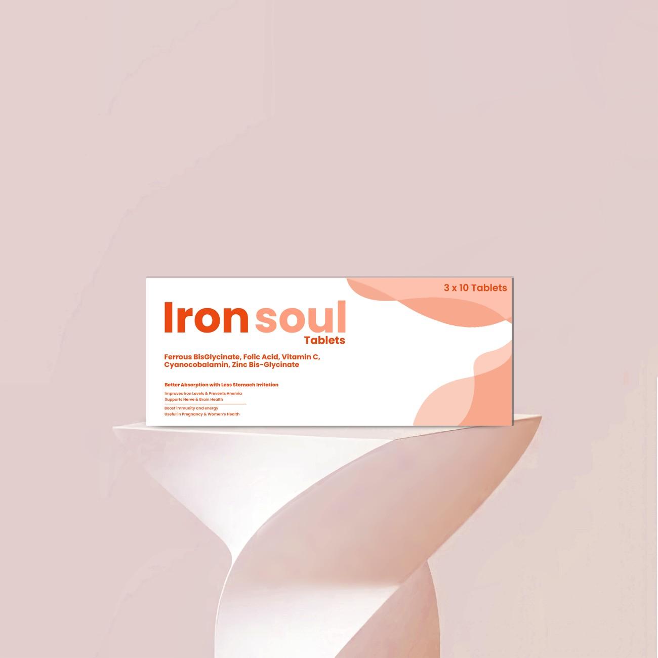 Ironsoul Tablets with Ferrous Bisglycinate, Folic Acid, Vitamin C, Cyanocobalamin, and Beta-Carotene – supports hemoglobin levels, improves energy, and helps manage iron deficiency