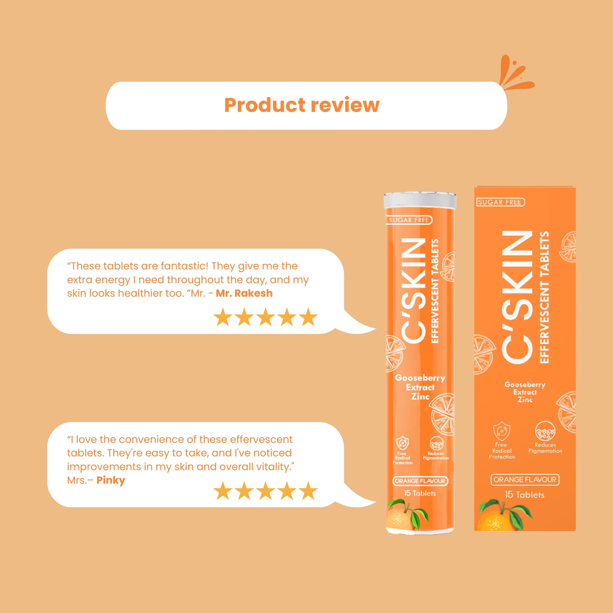 Product reviews of C-Skin Effervescent Tablets highlighting improved energy, skin health, and convenience. Rated 5 stars by happy customers