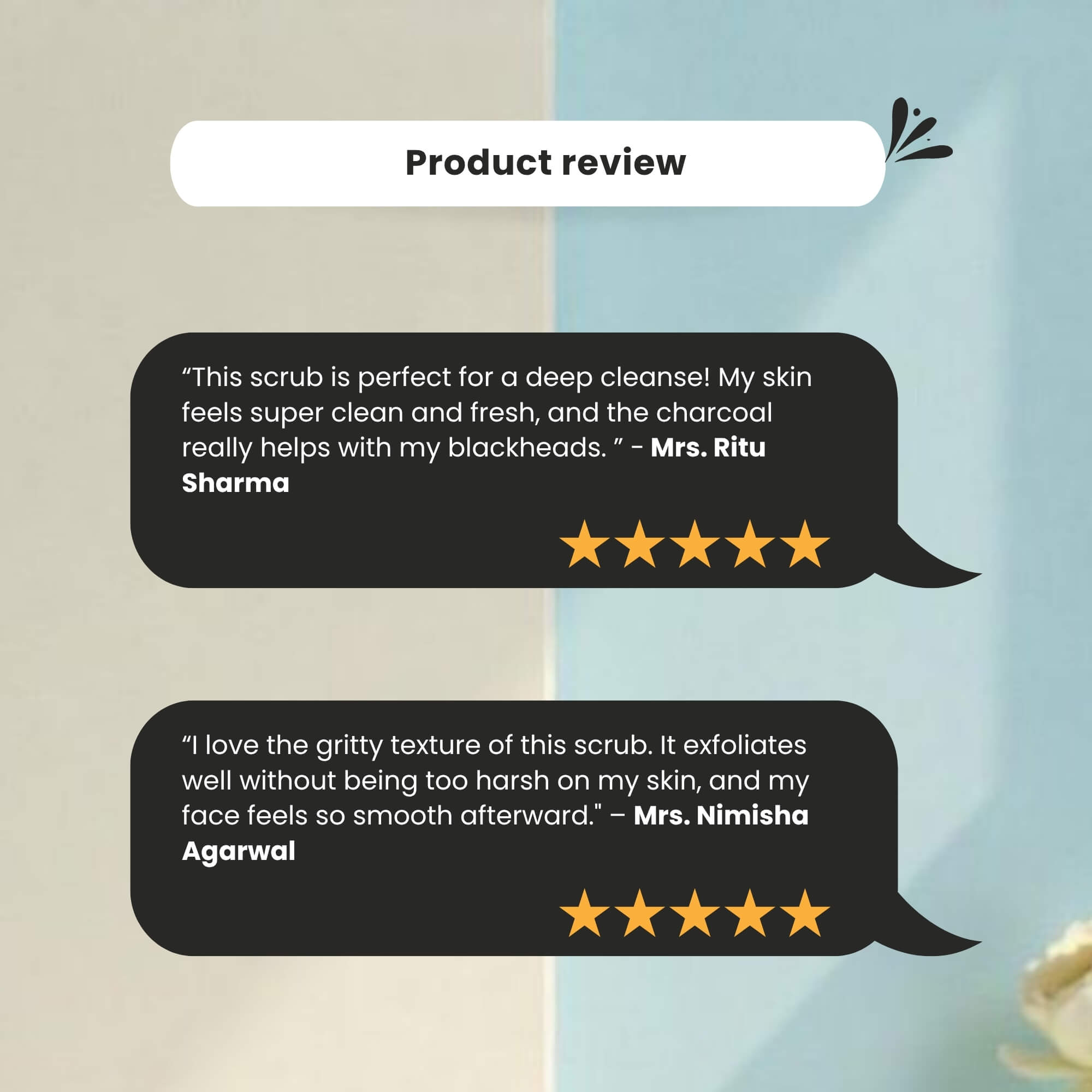 Product reviews of Skinaa Charcoal Scrub. Mrs. Ritu Sharma praises it for deep cleansing and blackhead removal, giving a 5-star rating. Mrs. Nimisha Agarwal highlights its gritty yet gentle exfoliation that leaves skin smooth, also rated 5 stars