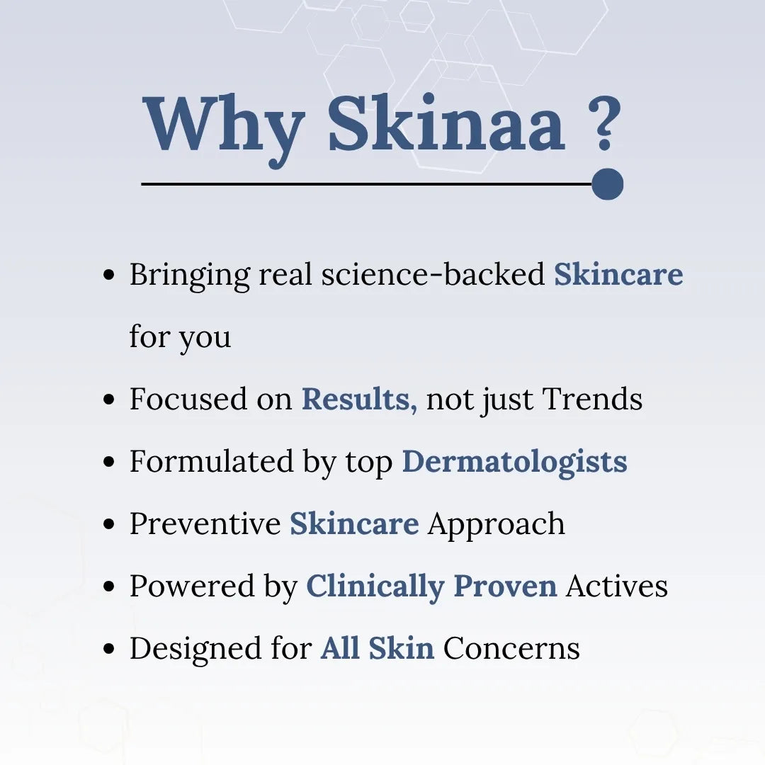 Promotional text about Skinaa skincare brand on a light blue background