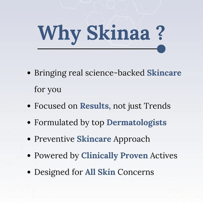 Promotional text about Skinaa skincare brand on a light blue background