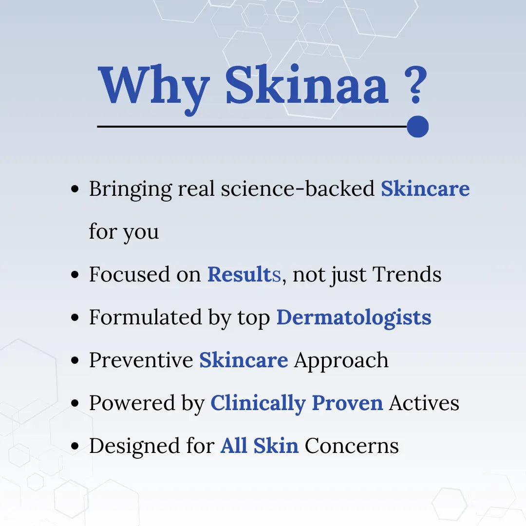 Promotional text about Skinaa skincare brand on a light blue background with geometric patterns.