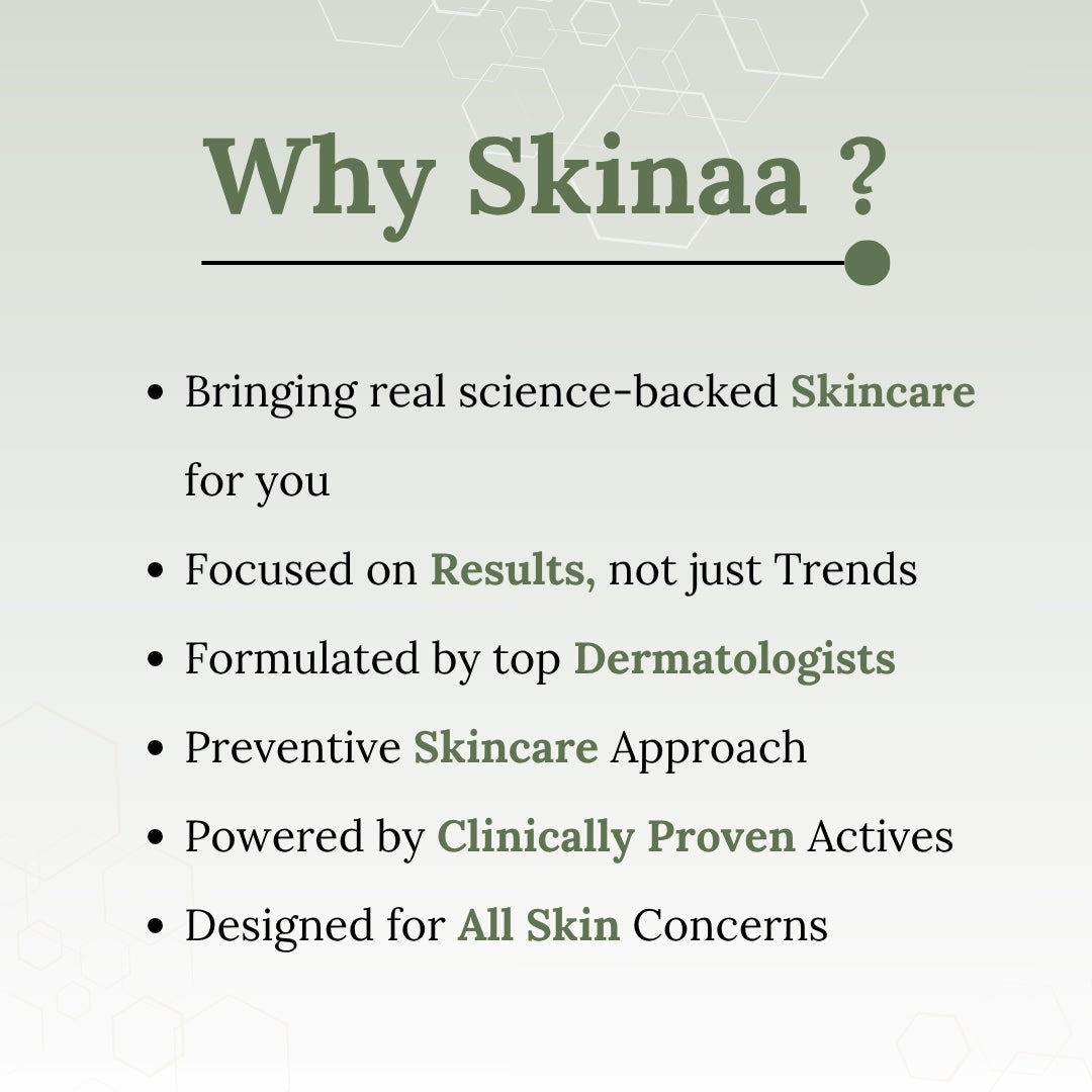 Promotional text about Skinaa skincare brand on a light gray background