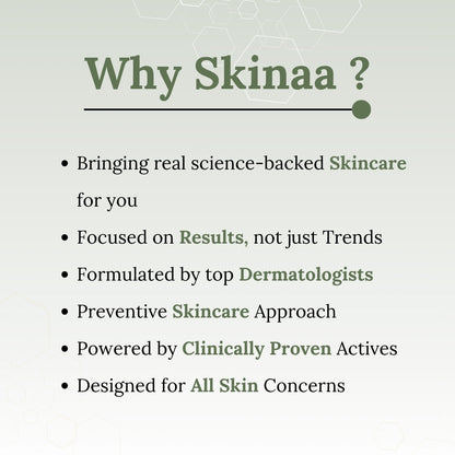Promotional text about Skinaa skincare brand on a light gray background