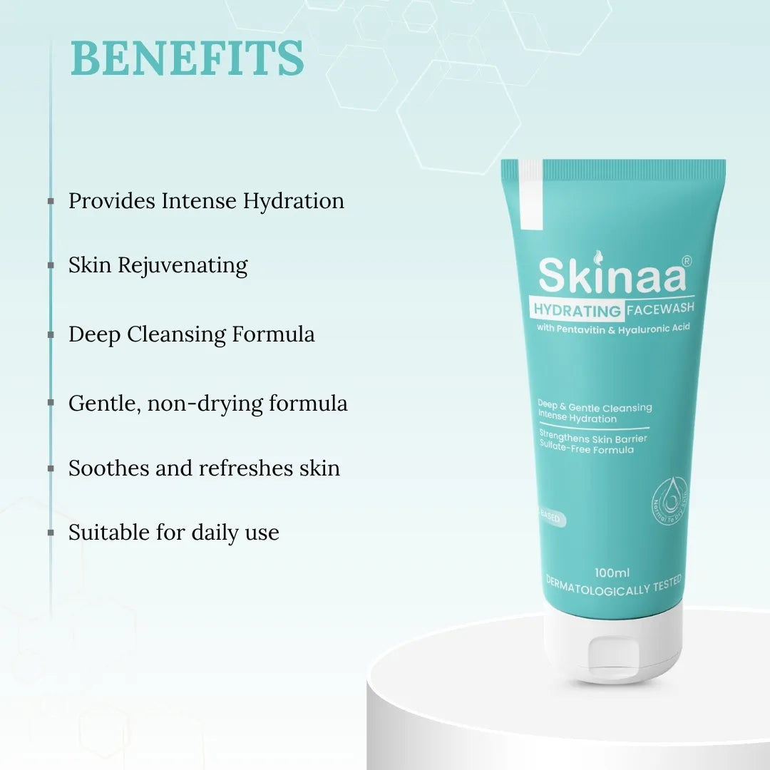 Skinaa hydrating face wash tube with benefits listed on a light blue background