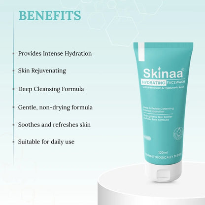 Skinaa hydrating face wash tube with benefits listed on a light blue background